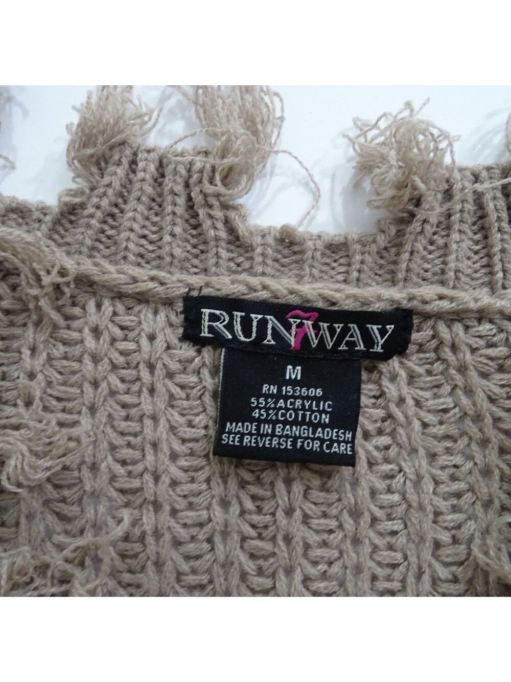 Runway 7 Striped Knit Sweater Brown Tan Frayed Hem V-Neck Women Size M Acrylic - Picture 5 of 10